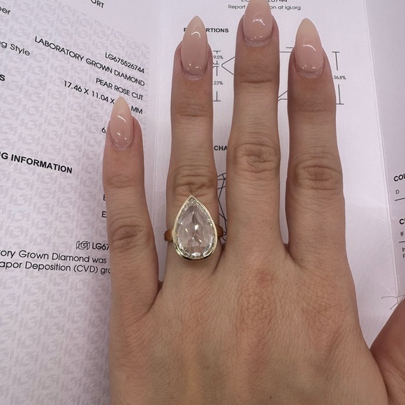 6.55 carat F VS1 rose cut pear shaped diamond bezel solitaire engagement ring - Picture 4 of 9